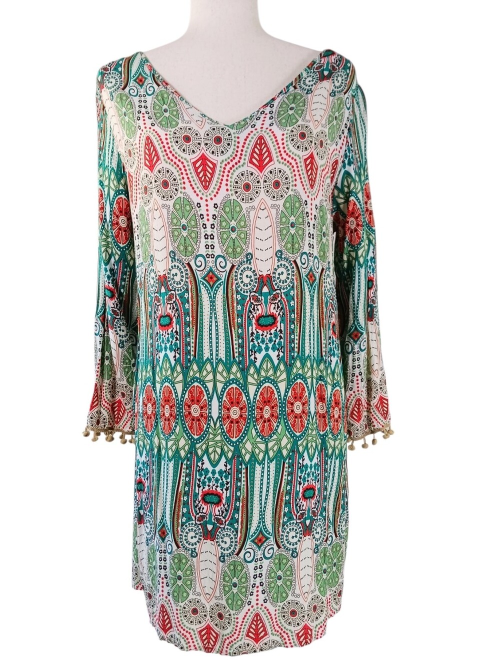 Beach Swim Cover Up V Neck Dress Boho Print Pom Pom Trim Teal Orange Size XS S